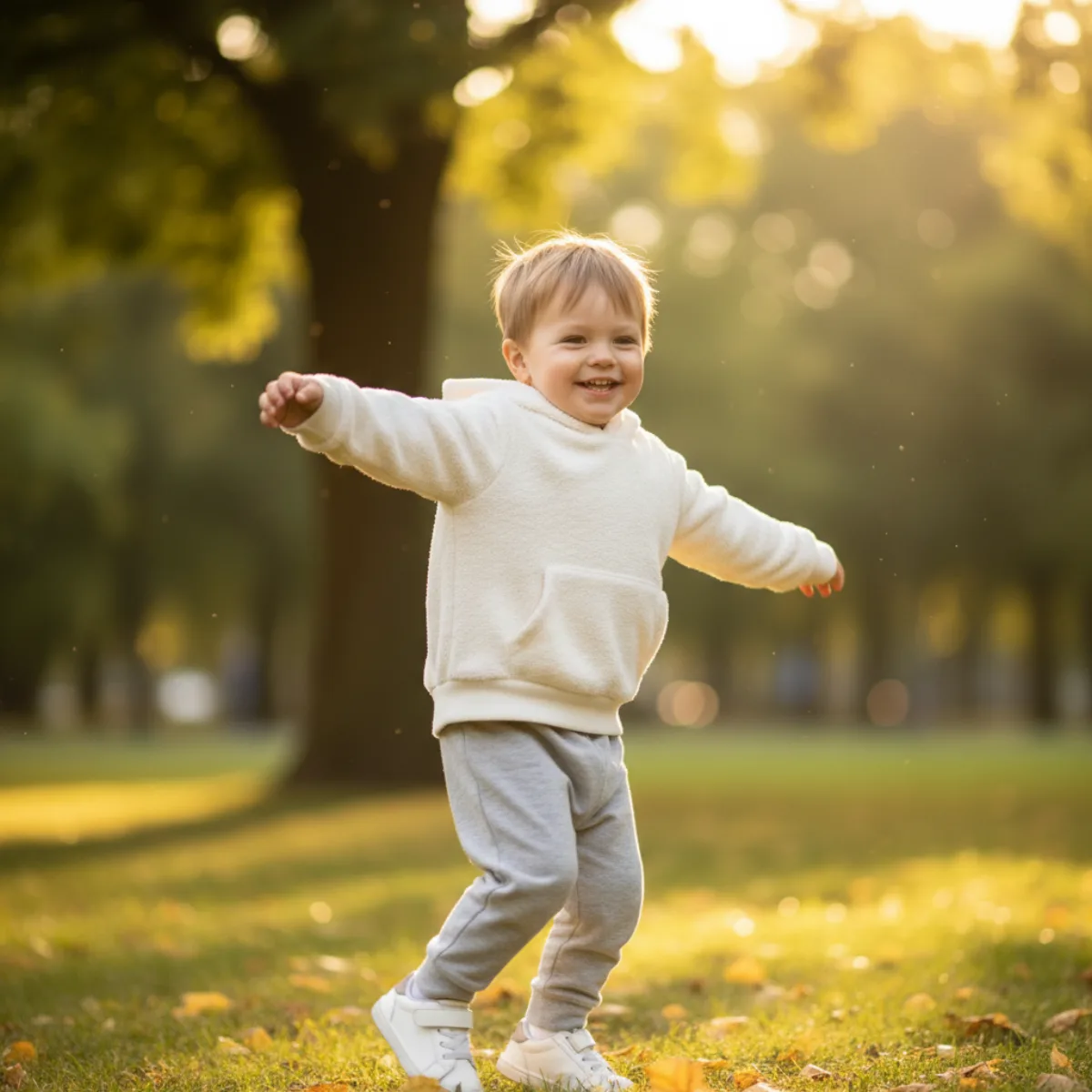 Toddler boy in cozy hoodie spinning in the park