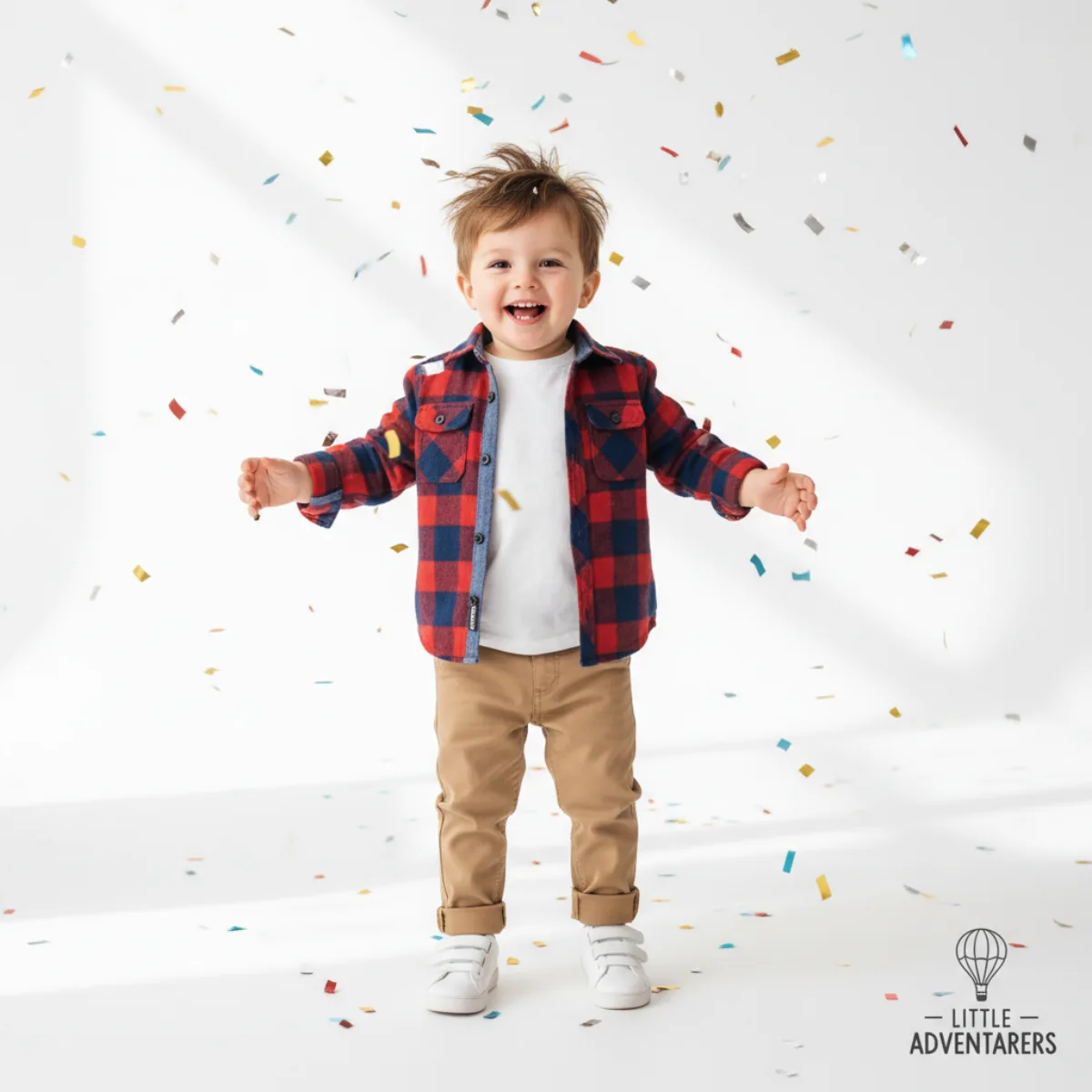 Cute toddler boy in flannel shirt smiling with confetti